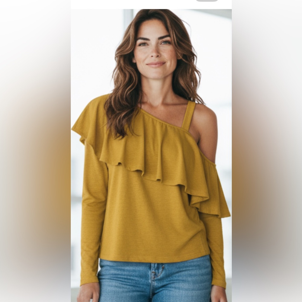 Anthropologie‎ Postmark yellow one shoulder ruffle knit blouse sz small NWT